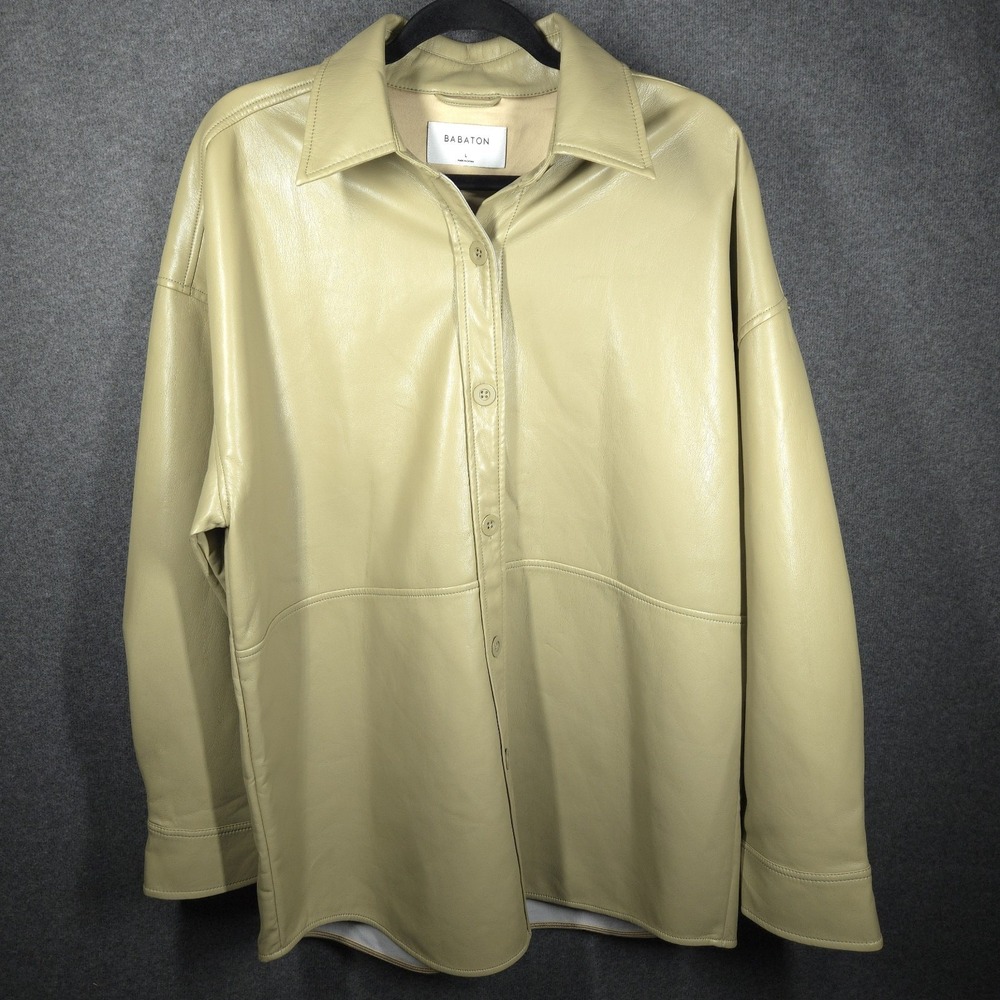 Babaton Aritzia Pelli Shirt Jacket Womens Large Faux Leather Tan Modern Chic